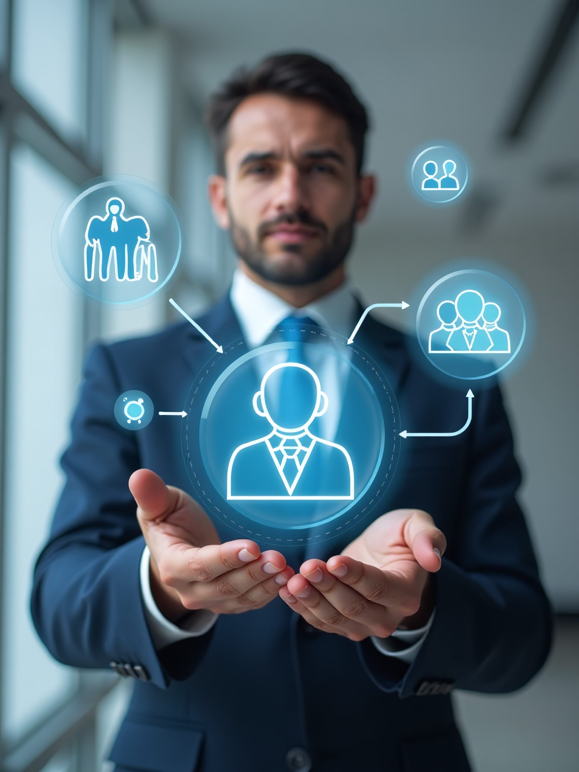 Businessman Holding An Outsourcing Icon Symbolizes Human Resources And Global Recruitment For Successful Businesses Worldwide.