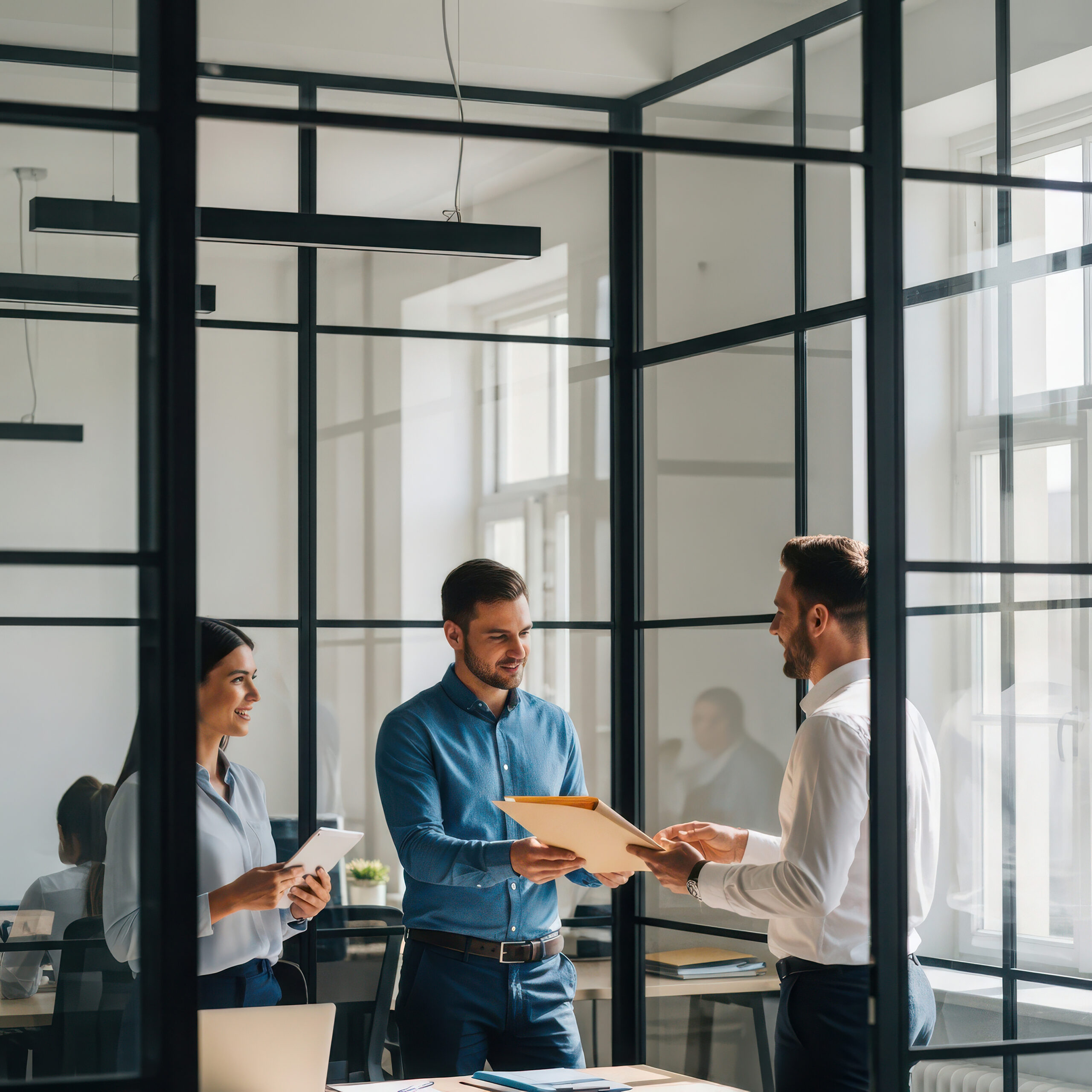 Business colleagues exchanging documents in modern office space.